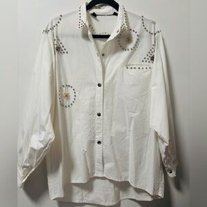 Vintage With Studs, sequins flowers & riding metallic accents bat sleeve shirt L